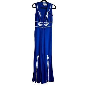 Frederick's of Hollywood RARE Women Size XS Embroidered Deep V-Neck Blue Whit